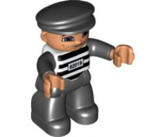 Duplo Figure Lego Ville, Male Prisoner, Black Cap, Light Nougat Head and Hands, Black and White Striped Shirt with '62019', Black Legs