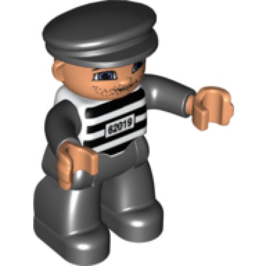 Duplo Figure Lego Ville, Male Prisoner, Black Cap, Light Nougat Head and Hands, Black and White Striped Shirt with '62019', Black Legs