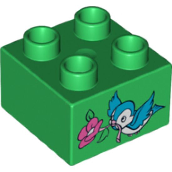 Duplo, Brick 2 x 2 with Bluebird and Dark Pink Flower Pattern