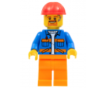 Blue Jacket with Diagonal Lower Pockets and Orange Stripes, Orange Legs, Red Construction Helmet