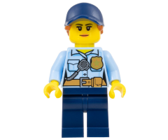 Police - City Officer Female, Bright Light Blue Shirt with Badge and Radio, Dark Blue Legs, Dark Blue Cap with Dark Orange Ponytail