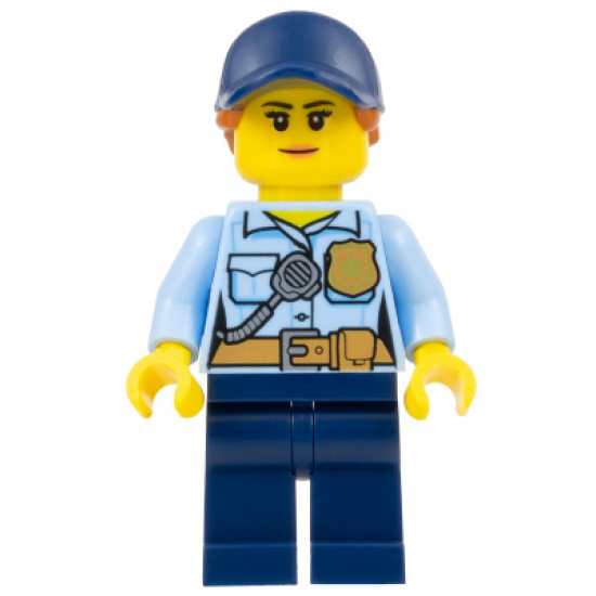Police - City Officer Female, Bright Light Blue Shirt with Badge and Radio, Dark Blue Legs, Dark Blue Cap with Dark Orange Ponytail