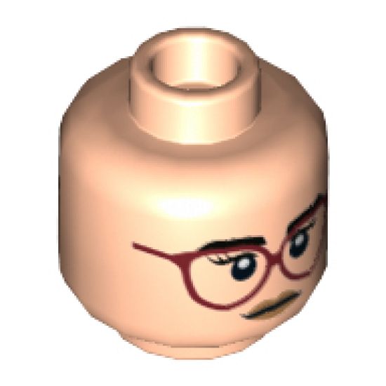 Minifigure, Head Dual Sided Female Black Eyebrows, Red Glasses, Peach Lips, Neutral / Surprised Expression Pattern - Hollow Stud