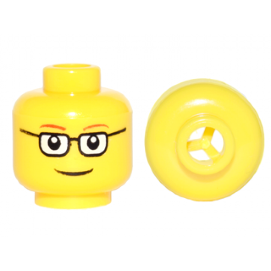 Minifigure, Head Glasses Rectangular, Red Thin Eyebrows, Smile Pattern - Blocked Open Stud