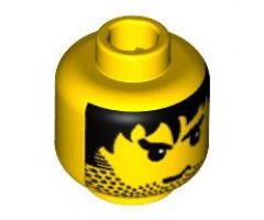 Minifigure, Head Male Stubble, Black Messy Hair, and Angry Eyebrows Pattern - Blocked Open Stud