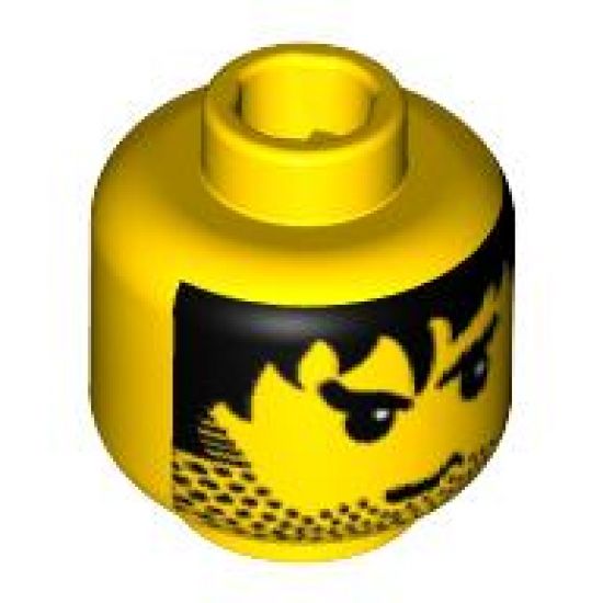 Minifigure, Head Male Stubble, Black Messy Hair, and Angry Eyebrows Pattern - Blocked Open Stud