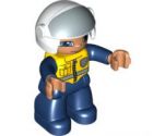 Duplo Figure Lego Ville, Male Police, Dark Blue Legs & Jumpsuit with Yellow Vest, White Helmet