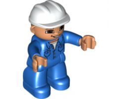 Duplo Figure Lego Ville, Male, Blue Legs, Blue Top with Pockets, White Construction Helmet, Brown Eyes and Open Mouth Smile