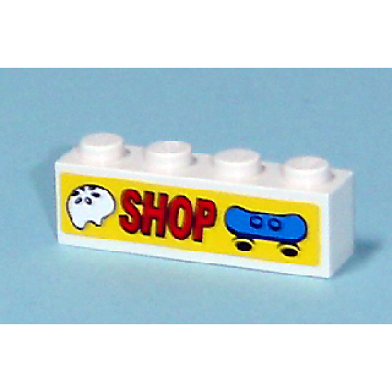 Brick 1 x 4 with 'SHOP' with Skateboard and Helmet Pattern (Sticker) - Set 7641