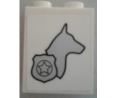 Brick 1 x 2 x 2 with Inside Stud Holder with Dog Head Facing Right and Silver Police Badge Pattern Model Right Side (Sticker) - Set 60048