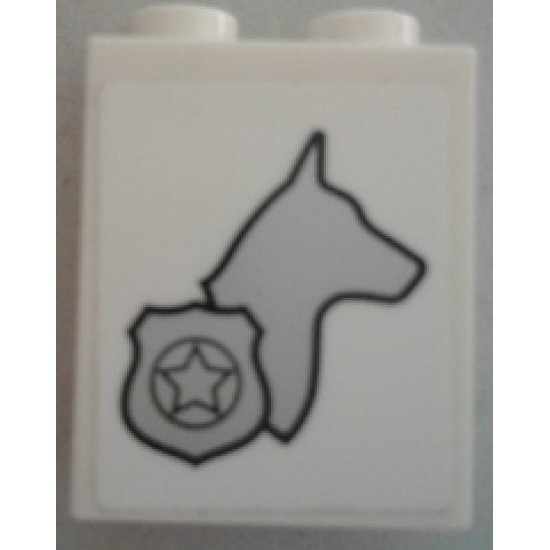 Brick 1 x 2 x 2 with Inside Stud Holder with Dog Head Facing Right and Silver Police Badge Pattern Model Right Side (Sticker) - Set 60048