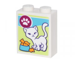 Brick 1 x 2 x 2 with Inside Stud Holder with Box of Cat Treats with White Cat, White Paw Print and Bowl of Goldfish Pattern (Sticker) - Set 41305