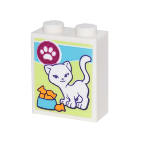 Brick 1 x 2 x 2 with Inside Stud Holder with Box of Cat Treats with White Cat, White Paw Print and Bowl of Goldfish Pattern (Sticker) - Set 41305