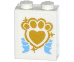 Brick 1 x 2 x 2 with Inside Stud Holder with Gold Paw Print with Heart and Medium Blue Ribbon Pattern (Sticker) - Set 41142