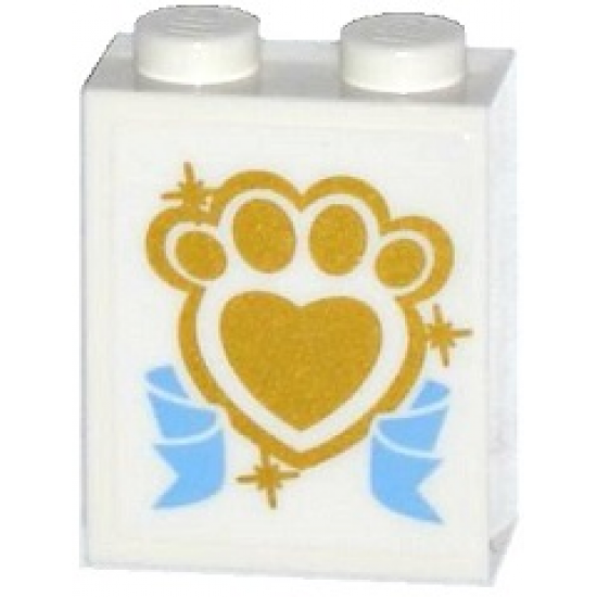Brick 1 x 2 x 2 with Inside Stud Holder with Gold Paw Print with Heart and Medium Blue Ribbon Pattern (Sticker) - Set 41142