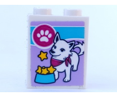 Brick 1 x 2 x 2 with Inside Stud Holder with Dog and Stars in Dog Bowl Pattern (Sticker) - Set 41323