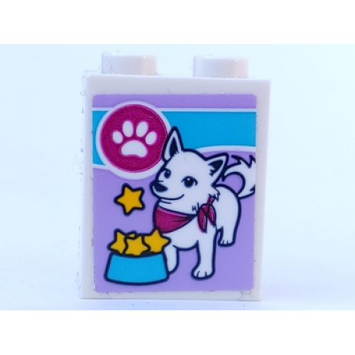 Brick 1 x 2 x 2 with Inside Stud Holder with Dog and Stars in Dog Bowl Pattern (Sticker) - Set 41323
