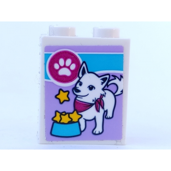 Brick 1 x 2 x 2 with Inside Stud Holder with Dog and Stars in Dog Bowl Pattern (Sticker) - Set 41323