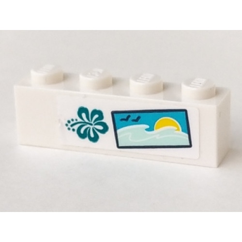 Brick 1 x 4 with Turquoise Hibiscus Flower, 2 Birds, Water and Sun Pattern (Sticker) - Set 41364