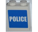 Brick 1 x 2 x 2 with Inside Stud Holder with White 'POLICE' on Blue Background Pattern (Sticker) - Set 7498