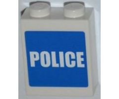 Brick 1 x 2 x 2 with Inside Stud Holder with White 'POLICE' on Blue Background Pattern (Sticker) - Set 7498