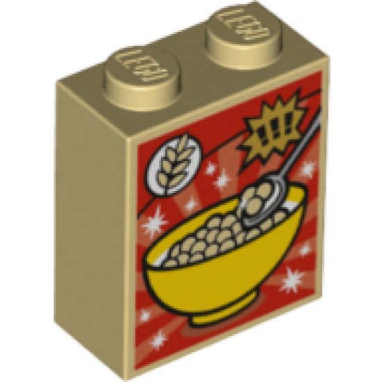 Brick 1 x 2 x 2 with Inside Stud Holder with Cereal Bowl, Wheat and Exclamation Marks Cereal Box Pattern