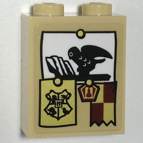 Brick 1 x 2 x 2 with Inside Stud Holder with Black Owl, Gold Hogwarts Crest and Gryffindor Banner Pattern (Sticker) - Set 75968