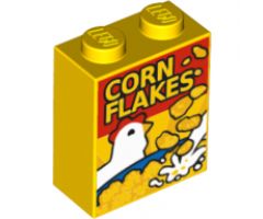 Brick 1 x 2 x 2 with Inside Stud Holder with Cereal Box with Chicken and 'CORN FLAKES' Pattern