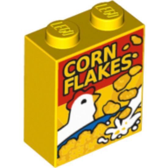 Brick 1 x 2 x 2 with Inside Stud Holder with Cereal Box with Chicken and 'CORN FLAKES' Pattern