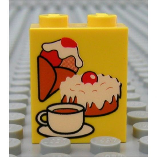 Brick 1 x 2 x 2 with Inside Axle Holder with Ice Cream, Cake and Coffee Pattern