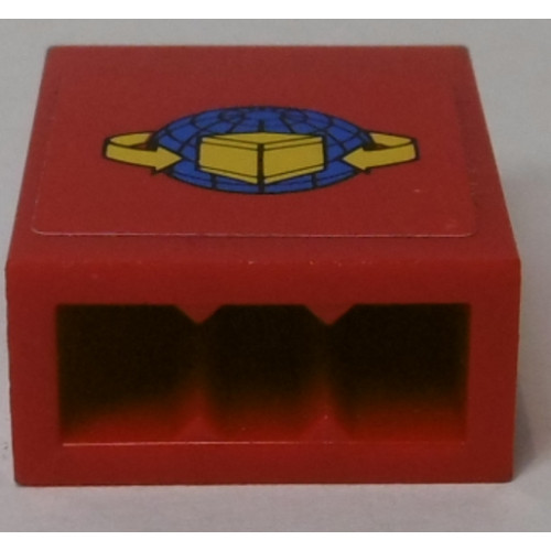 Brick 1 x 2 x 2 with Inside Stud Holder with Box and Arrows and Globe on Red Background Pattern (Sticker) - Set 7939