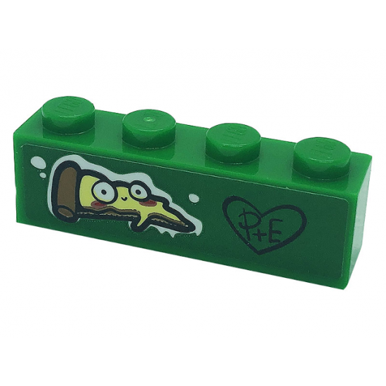 Brick 1 x 4 with Pizza Slice with Eyes, Black Heart with 'P+E' Pattern (Sticker) - Set 41379