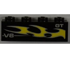 Brick 1 x 4 with 'V8', 'GT' and Yellow Flame Pattern Model Right Side (Sticker) - Set 8186