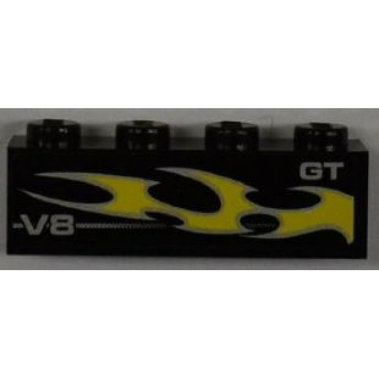 Brick 1 x 4 with 'V8', 'GT' and Yellow Flame Pattern Model Right Side (Sticker) - Set 8186
