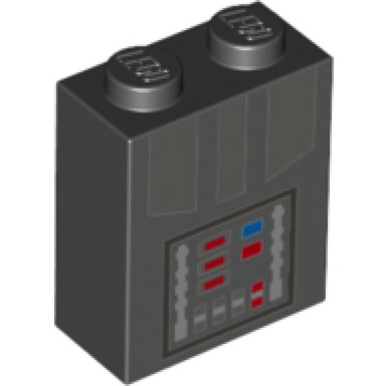 Brick 1 x 2 x 2 with Inside Stud Holder with Dark Bluish Gray Armor and Control Panel with Blue and Red Buttons Pattern (BrickHeadz Darth Vader Torso)