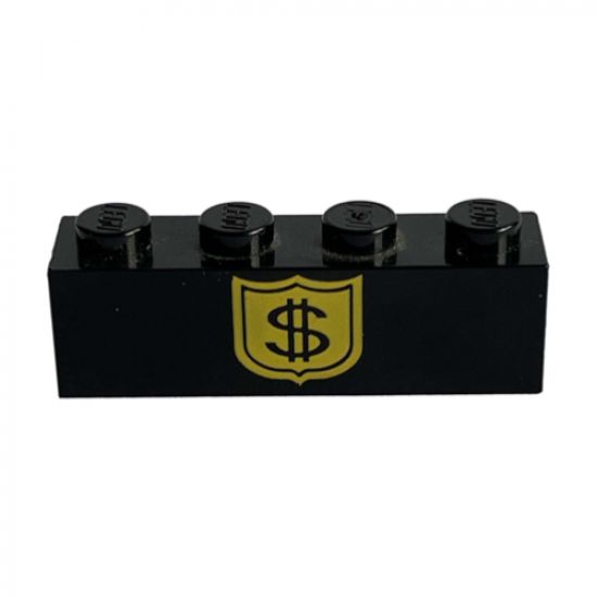 Brick 1 x 4 with Black Dollar Sign on Yellow Badge Pattern