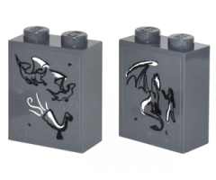 Brick 1 x 2 x 2 with Inside Stud Holder with 2 Dragons and Horn Front, 1 Dragon and Figure Back on Transparent Background Pattern (Stickers) - Set 41178