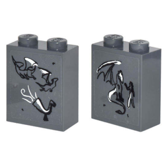 Brick 1 x 2 x 2 with Inside Stud Holder with 2 Dragons and Horn Front, 1 Dragon and Figure Back on Transparent Background Pattern (Stickers) - Set 41178
