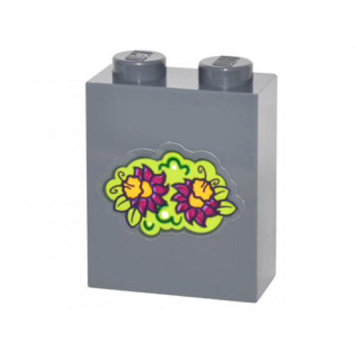 Brick 1 x 2 x 2 with Inside Stud Holder with Magenta and Bright Light Orange Flowers and Lime Leaves Pattern (Sticker) - Set 41175