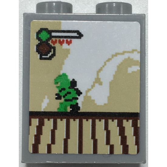 Brick 1 x 2 x 2 with Inside Stud Holder with Arcade Platform Game Screen with Health Bar and Green Ninja Minifigure Pattern (Sticker) - Set 70657