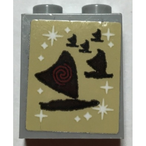 Brick 1 x 2 x 2 with Inside Stud Holder with Polynesian Canoe with Triangular Sail, Red Spiral and White Stars on Tan Background Pattern (Sticker) - Set 41149