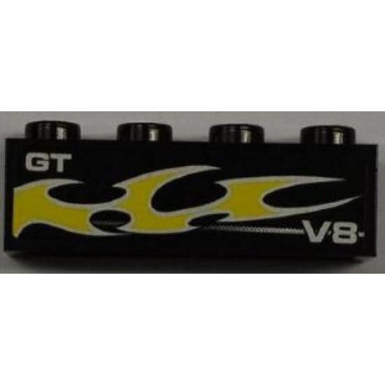 Brick 1 x 4 with 'GT', 'V8' and Yellow Flame Pattern Model Left Side (Sticker) - Set 8186