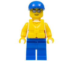 Tank Top with Surfer Silhouette, Blue Legs, Blue Short Bill Cap, Life Jacket Center Buckle, Silver Sunglasses