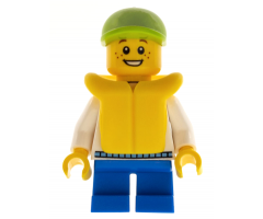 White Hoodie with Blue Pockets, Blue Short Legs, Lime Short Bill Cap, Life Jacket