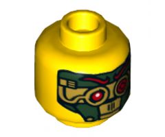 Minifigure, Head Dual Sided Female Black Eyebrows, Eyelashes, Brown Lips / Green and Gold Robot, Red Eyes and Eyebrows Pattern - Hollow Stud
