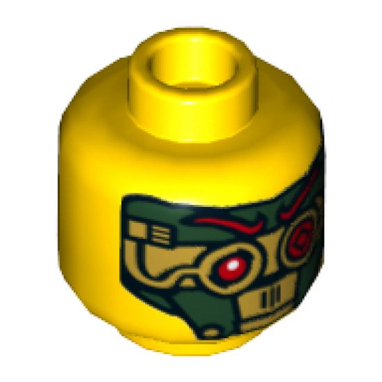 Minifigure, Head Dual Sided Female Black Eyebrows, Eyelashes, Brown Lips / Green and Gold Robot, Red Eyes and Eyebrows Pattern - Hollow Stud