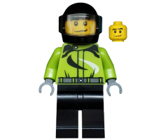 Monster Truck Driver, Race Suit with Black and White Swirls, Black Helmet with Trans-Black Visor, Crooked Smile