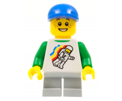Classic Space Minifigure Floating Pattern, Light Bluish Gray Short Legs, Blue Short Bill Cap