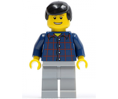 Plaid Button Shirt, Light Bluish Gray Legs, Black Male Hair, Thin Grin with Teeth