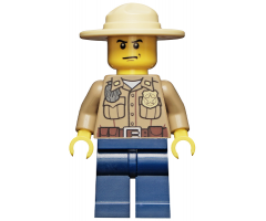Forest Police - Dark Tan Shirt with Pockets, Radio and Gold Badge, Dark Blue Legs, Campaign Hat, Angry Eyebrows and Scowl, White Pupils